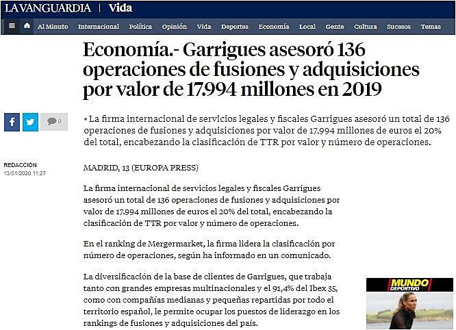 Garrigues asesor 136 operaciones de fusiones y adquisiciones por valor de 17.994 millones en 2019